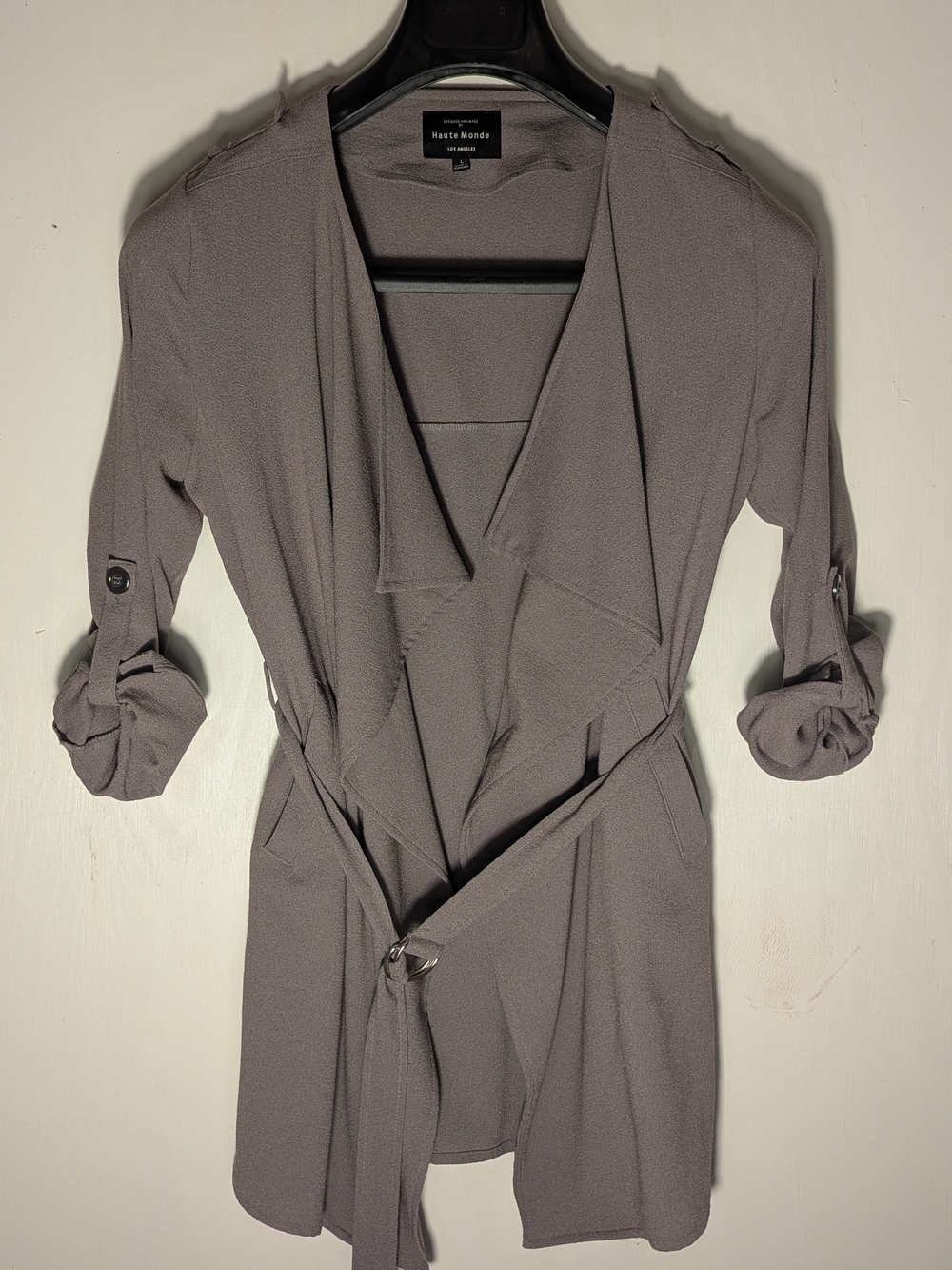 Haute Monde Draped Open Front Wrap Jacket Cardigan Taupe Grey Large L